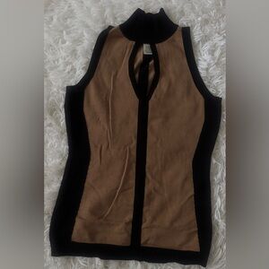 Beautiful Cache Black and Camel Sleeveless Mock Neck Knit Top